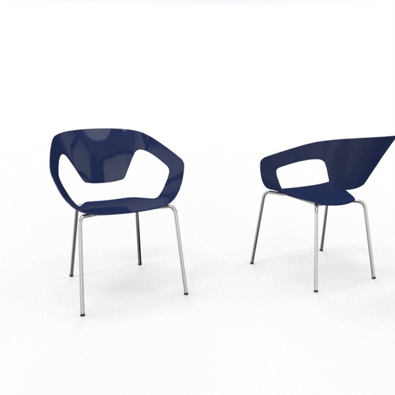 Vue 3D siège L-SIMO coque bleu marine, piètement métal chromé