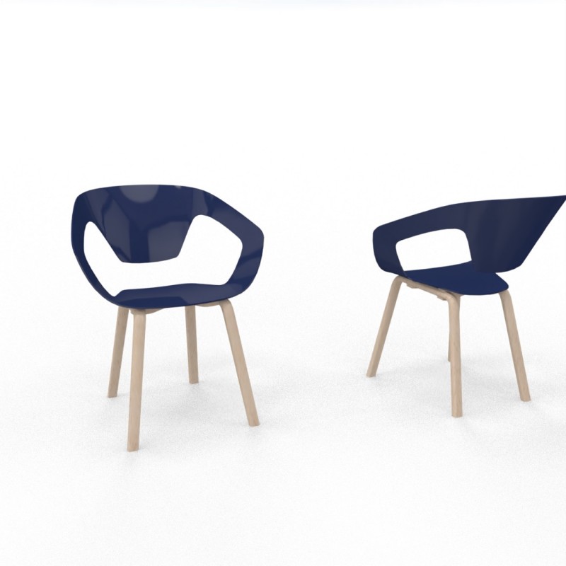 Vue 3D siège L-SIMO coque bleu marine, piètement bois