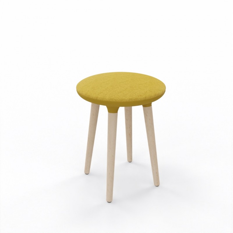 Tabouret bas, assise tapissée, pieds bois